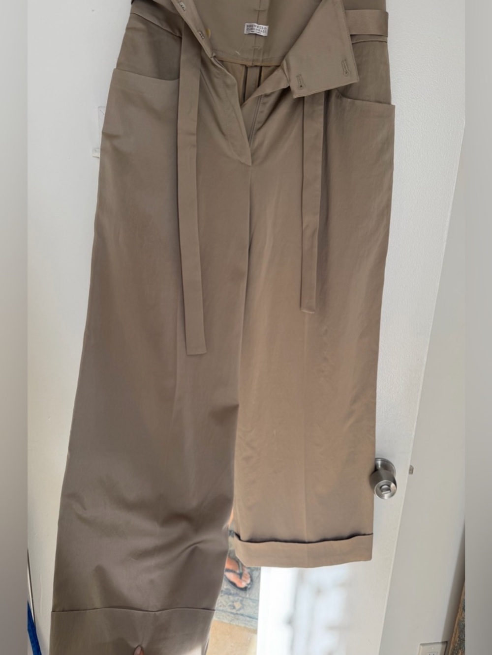 Brunello Cucinelli Taupe High-Waist Belted Wide-Leg Pants